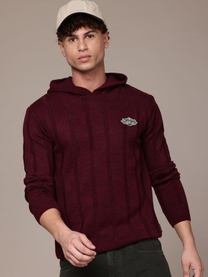 Roadster Printed Hooded Neck Casual Men Maroon Sweater