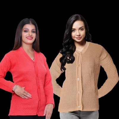 LUXURIOUS DESIGN Self Design V Neck Casual Women Beige, Red Sweater