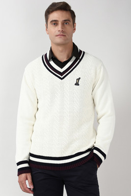 PETER ENGLAND Solid V Neck Casual Men White Sweater