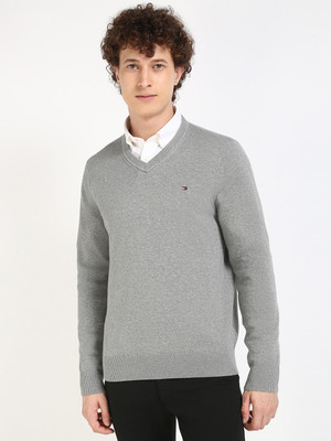 TOMMY HILFIGER Solid V Neck Casual Men Grey Sweater
