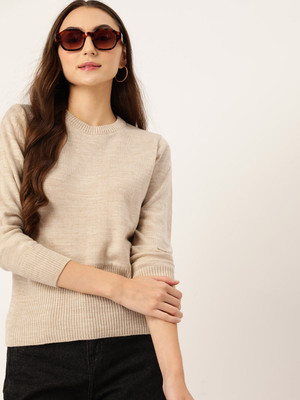 Dressberry Printed Round Neck Casual Women Beige Sweater