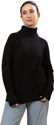 GFO Printed Turtle Neck Casual Women Black Sweater