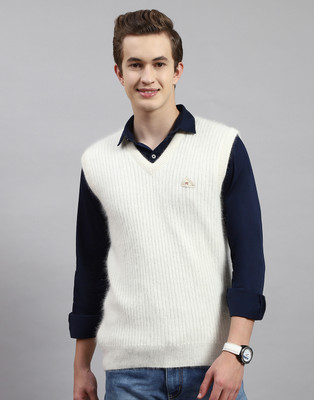 MONTE CARLO Solid V Neck Casual Men White Sweater