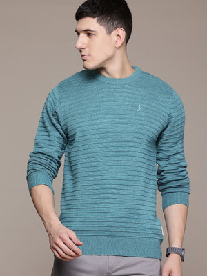 Roadster Self Design Round Neck Casual Men Green Sweater