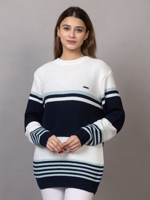 Hey Dude Striped Round Neck Casual Women Dark Blue Sweater