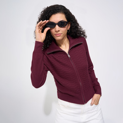 PEOPLE Self Design Collared Neck Casual Women Maroon Sweater