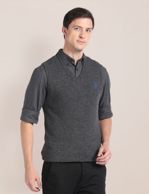 U.S. POLO ASSN. Self Design V Neck Casual Men Grey Sweater