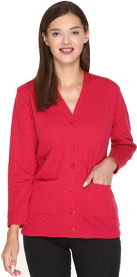 urban rock Self Design V Neck Casual Women Red Sweater