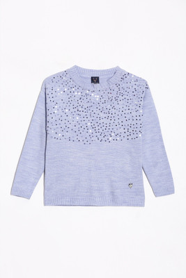 Allen Solly Embellished Round Neck Casual Girls Blue Sweater