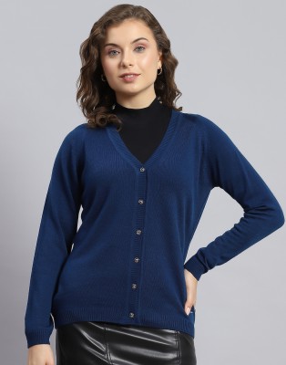 MONTE CARLO Solid V Neck Casual Women Blue Sweater