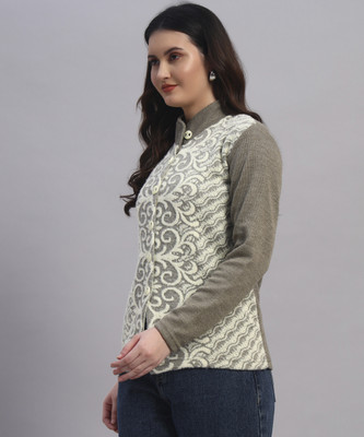 MOD YOUNG Printed Mandarin Neck Casual Women Dark Green Sweater