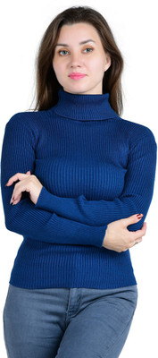 Farlucci Solid High Neck Casual Women Blue Sweater