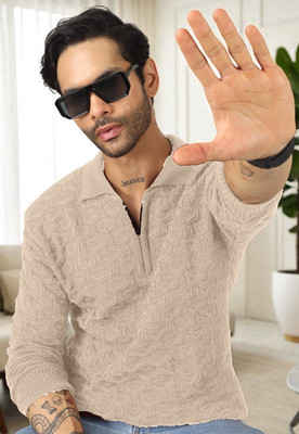 Plus91 Self Design Collared Neck Casual Men Beige Sweater