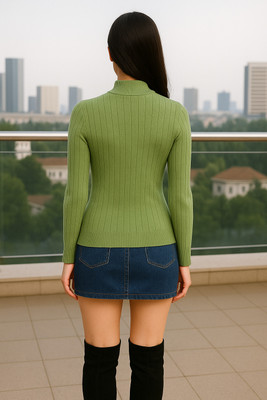 SKG Self Design High Neck Casual Women Light Green Sweater