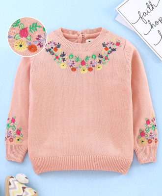 Yellow Apple Embroidered Round Neck Casual Baby Girls Orange Sweater