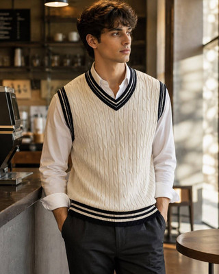 KaramKar Self Design V Neck Casual Men Beige Sweater