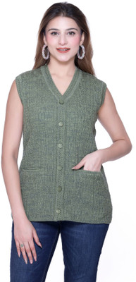 aarbee Self Design V Neck Casual Women Green Sweater