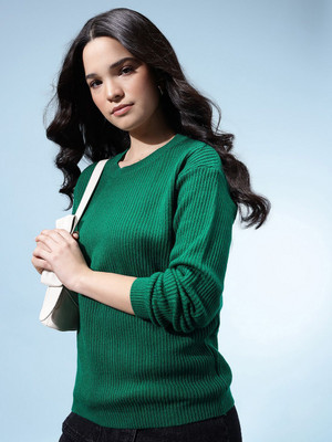 Glitchez Self Design Round Neck Casual Women Green Sweater