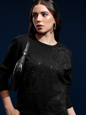 Tokyo Talkies Embroidered Round Neck Casual Women Black Sweater