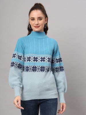 MODKLINE Self Design Turtle Neck Casual Women Light Blue, Dark Blue Sweater