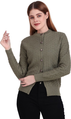 BRAZO Self Design Round Neck Casual Women Green Sweater