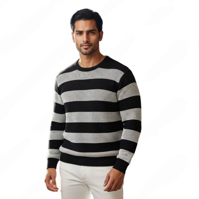 MRINALINI ENTERPRISES Striped Round Neck Casual Men Grey, White Sweater