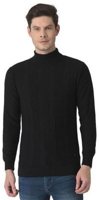 TURTLE Self Design Turtle Neck Casual Men Black Sweater