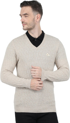 MONTE CARLO Self Design V Neck Casual Men White Sweater