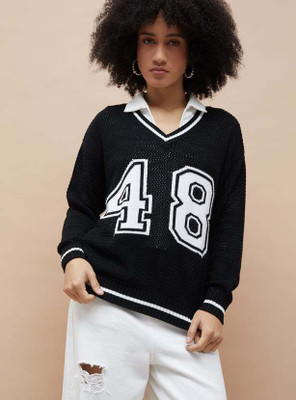 Ginger by Lifestyle Printed Collared Neck Casual Women Black Sweater