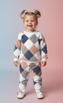 MODESTYLE Geometric Print Round Neck Casual Baby Girls White Sweater