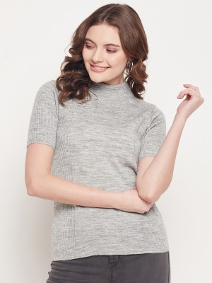 98 Degree North Solid High Neck Casual Women Grey Sweater