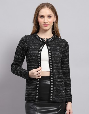 MONTE CARLO Striped Round Neck Casual Women Black Sweater