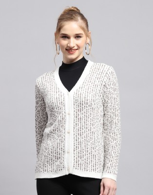 MONTE CARLO Printed Collared Neck Casual Women White Sweater