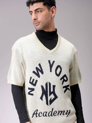 The Indian Garage Co. Self Design V Neck Casual Men Beige Sweater