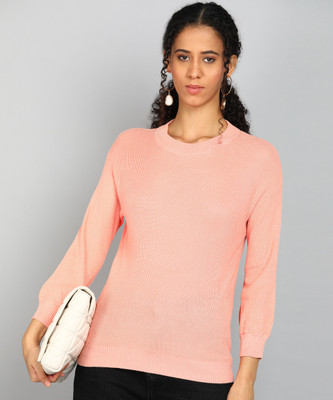AND Solid Crew Neck Casual Women Orange Sweater