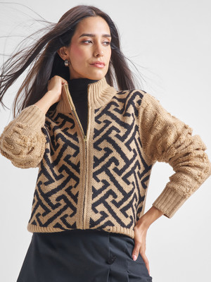 Tokyo Talkies Printed High Neck Casual Women Beige, Black Sweater