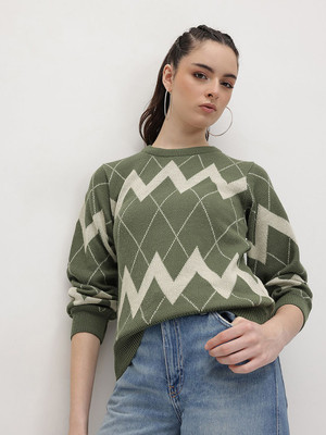 Roadster Self Design Round Neck Casual Women Green Sweater