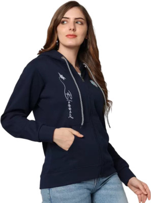WEARSPOT Printed Hooded Neck Casual Women Blue Sweater