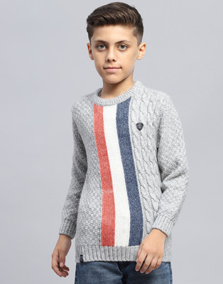 MONTE CARLO Self Design, Striped Round Neck Casual Boys Grey Sweater