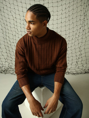 Hubberholme Self Design High Neck Casual Men Brown Sweater