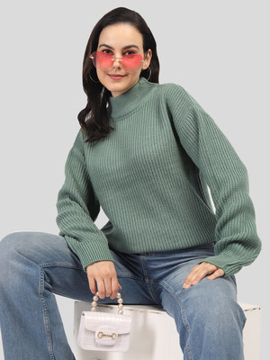 CHKOKKO Self Design High Neck Casual Women Green Sweater