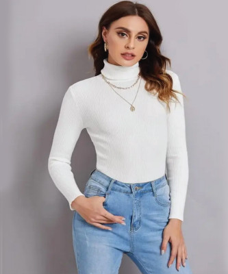 Christy World Striped High Neck Casual Women White Sweater