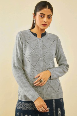 soch Woven Round Neck Casual Women Grey Sweater