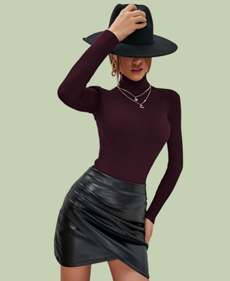 Lecowar Solid High Neck Casual Women Maroon Sweater