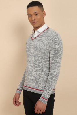 Allen Solly Self Design V Neck Casual Men Grey Sweater