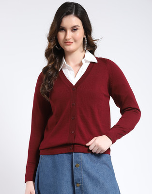 MONTE CARLO Solid V Neck Casual Women Maroon Sweater