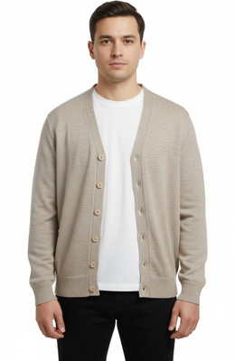 VOMAZO Solid V Neck Formal Men Beige Sweater