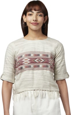 Akkriti by Pantaloons Embroidered Boat Neck Casual Women Beige, Maroon Sweater