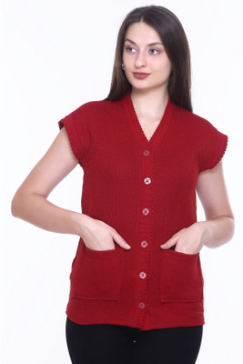 Keshavi Woven V Neck Casual Women Maroon Sweater