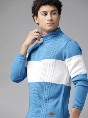 Roadster Striped Turtle Neck Casual Men Blue, White Sweater